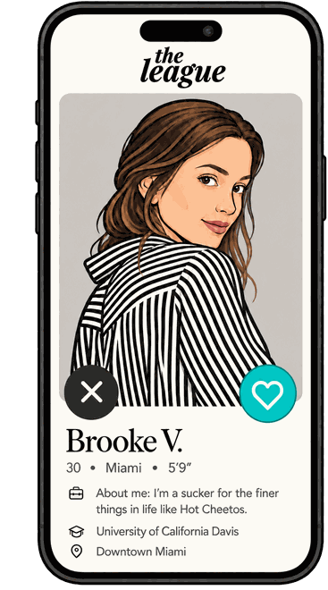Illustrated phone showing Brooke V.’s dating profile in The League app