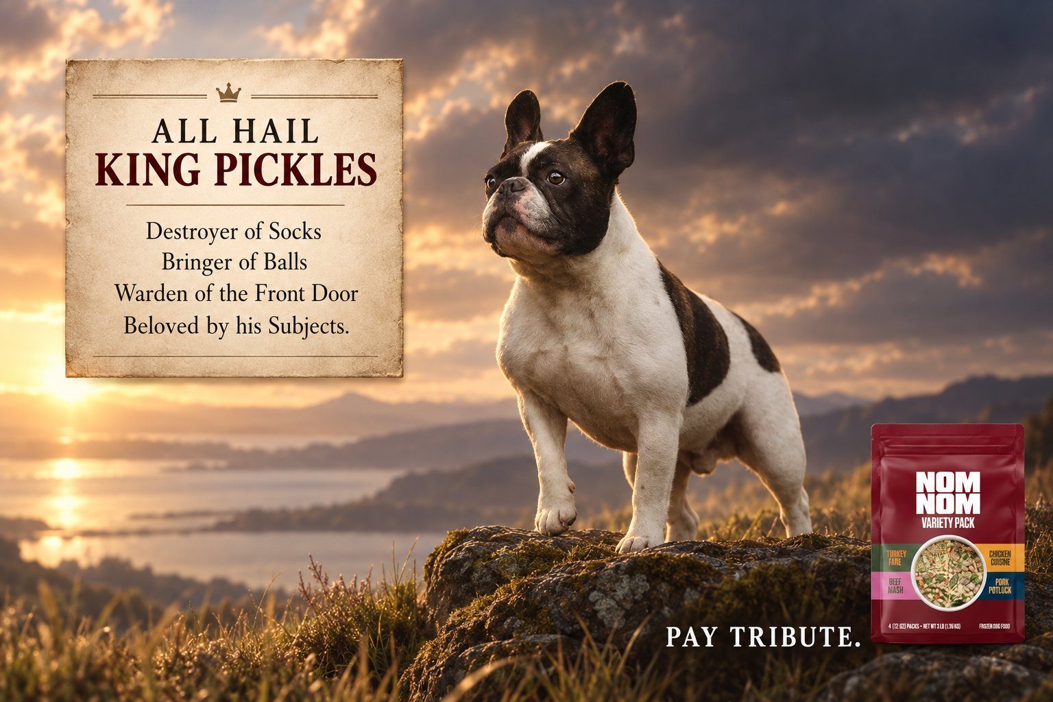 Nom Nom print ad: a French bulldog on a sunset cliff. All hail King Pickles, Destroyer of Socks, Bringer of Balls, Warden of the Front Door, Beloved by his Subjects. Pay tribute.