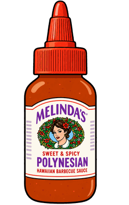 Illustrated squeeze bottle of Melinda’s Sweet & Spicy Polynesian sauce