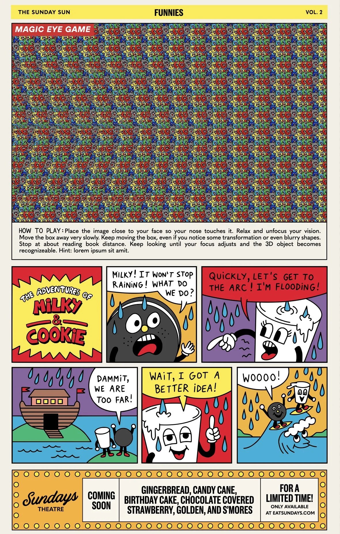 The Sunday Sun Funnies, Vol. 2: a magic eye game and The Adventures of Milky & Cookie comic