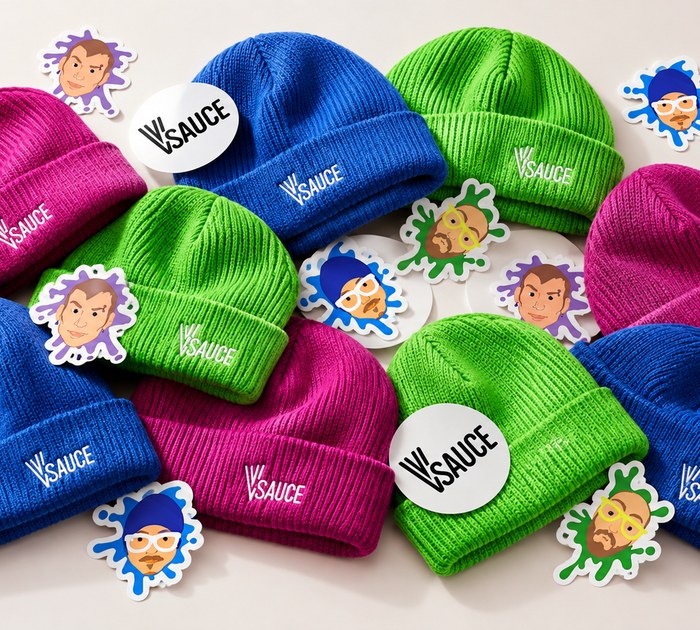 Pink, blue, and green Vsauce beanies scattered with host avatar stickers