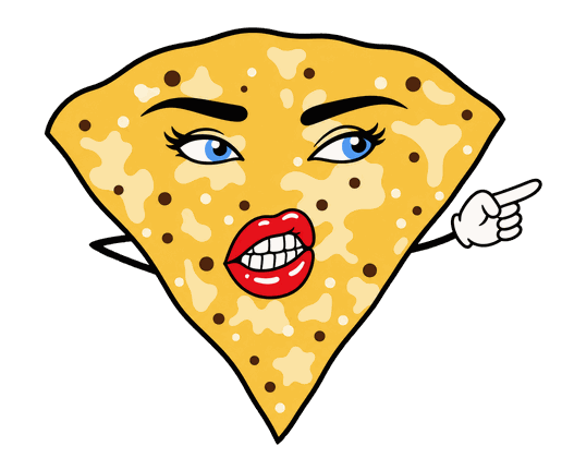 Illustrated sassy chip character with red lips, pointing