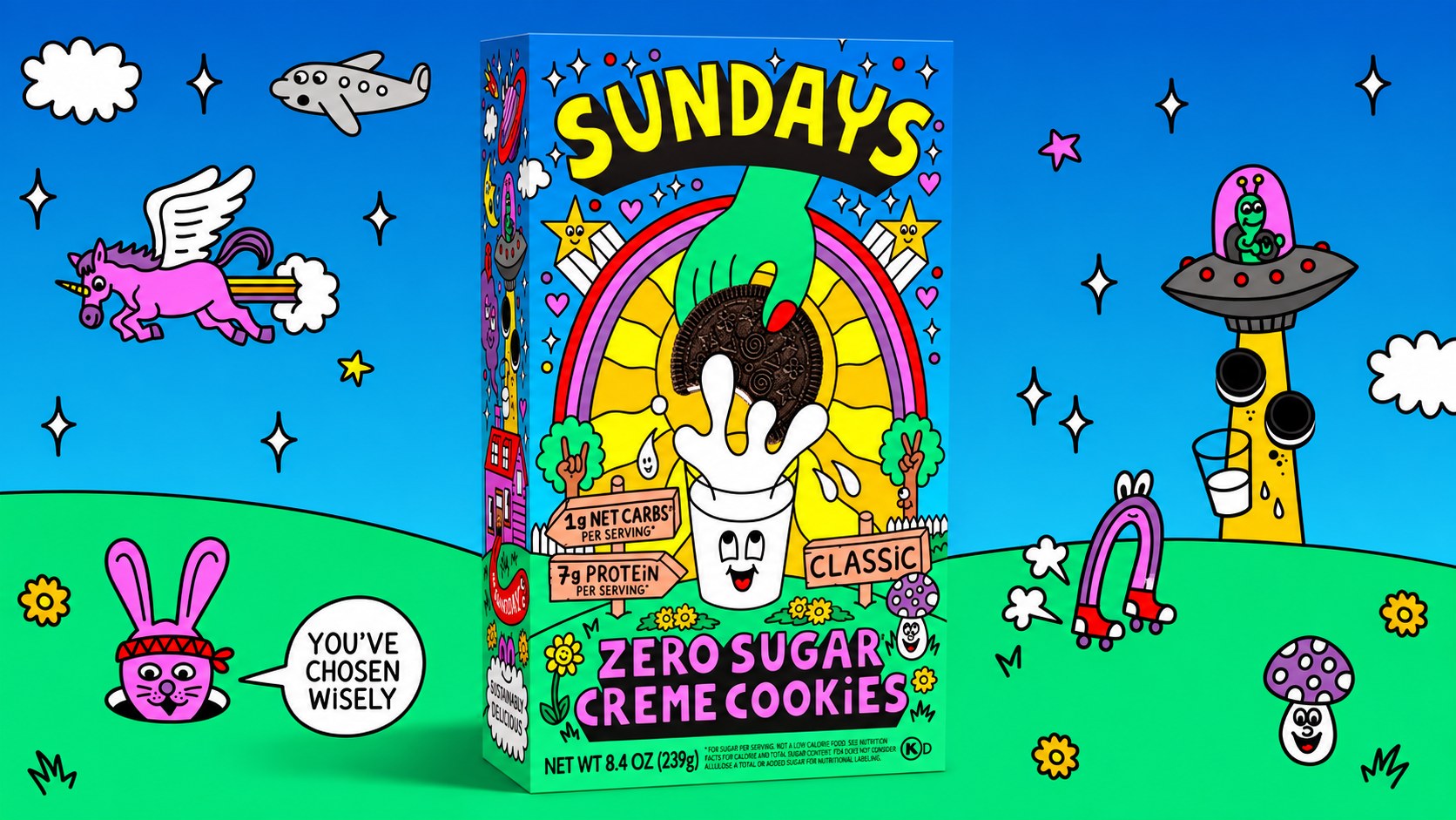Sundays box in a whimsical illustrated world with a flying unicorn, a UFO, and a bunny in a headband saying: You’ve chosen wisely