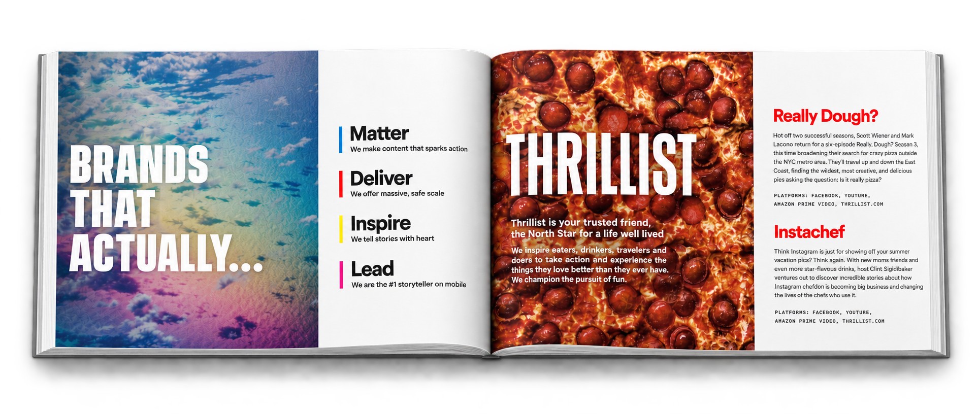 Group Nine sales book spread reading Brands That Actually, next to a Thrillist page