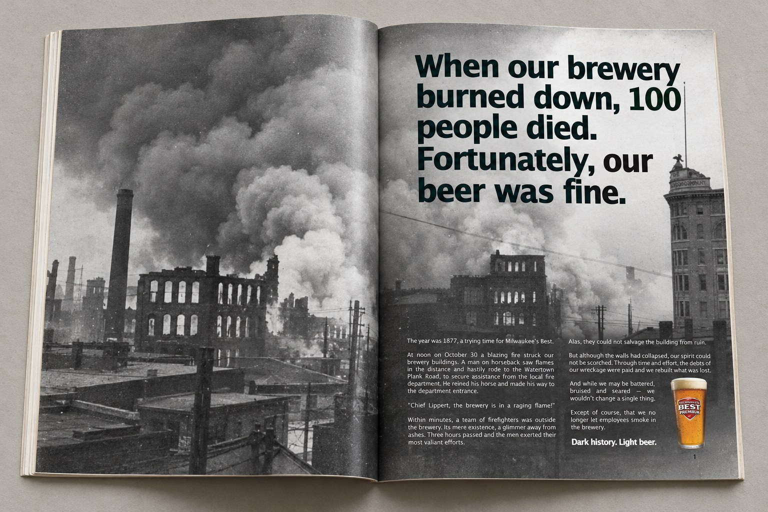 Milwaukee’s Best magazine spread: When our brewery burned down, 100 people died. Fortunately, our beer was fine.