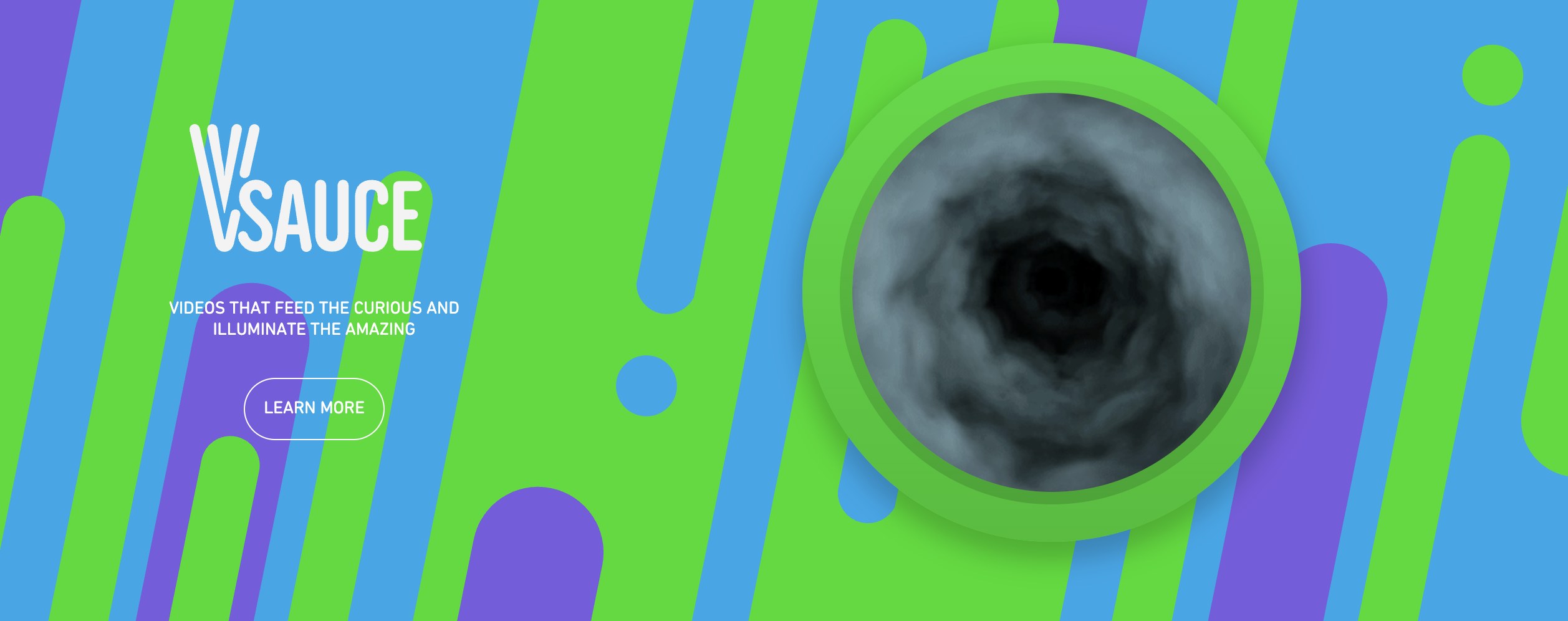 The Vsauce website homepage hero: white Vsauce logo on green, blue, and purple stripes
