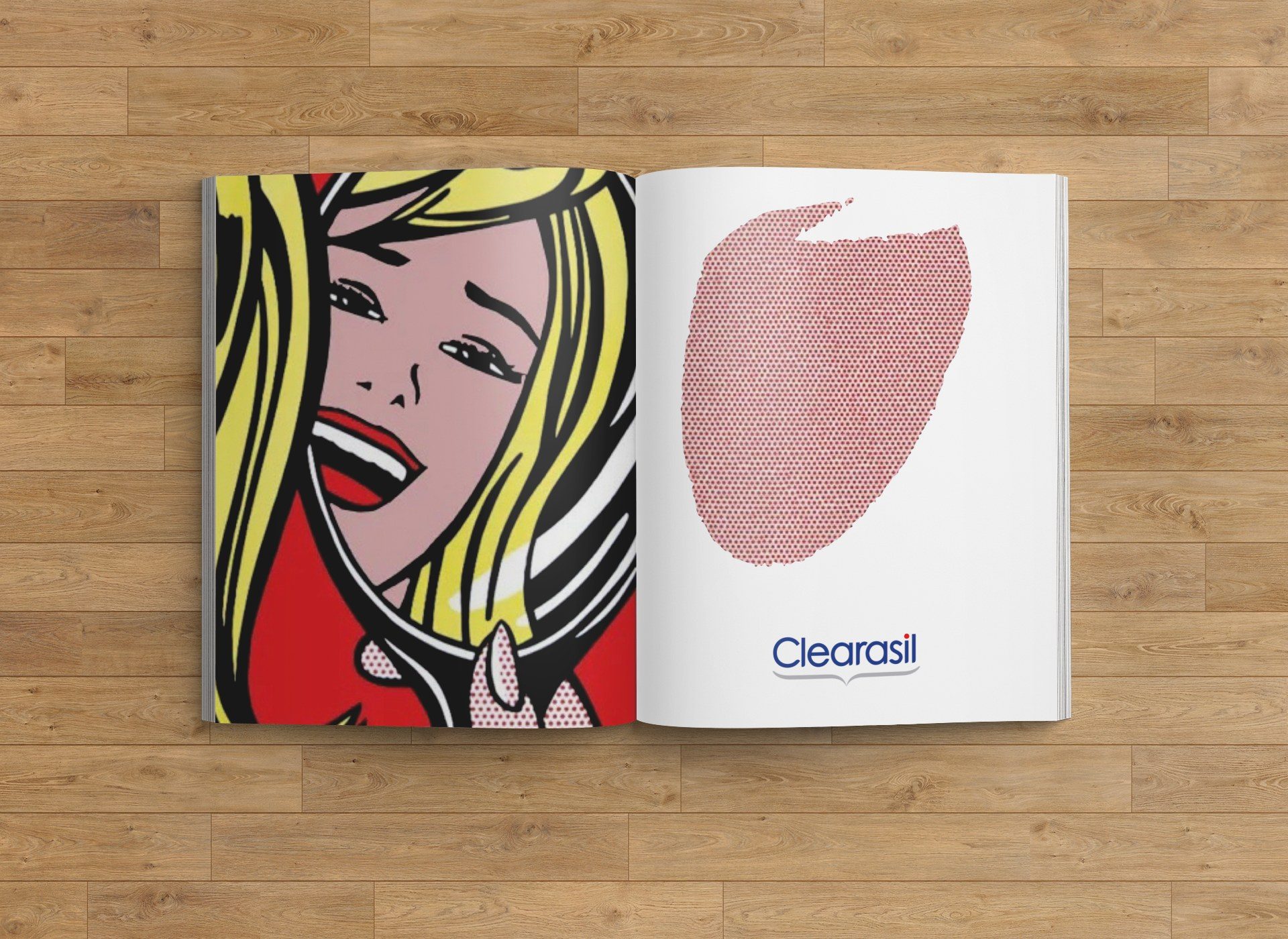 Clearasil magazine spread: a Lichtenstein-style blonde laughing into a mirror with her face cleared of dots, and on the facing page the removed patch of pink dots above the Clearasil logo