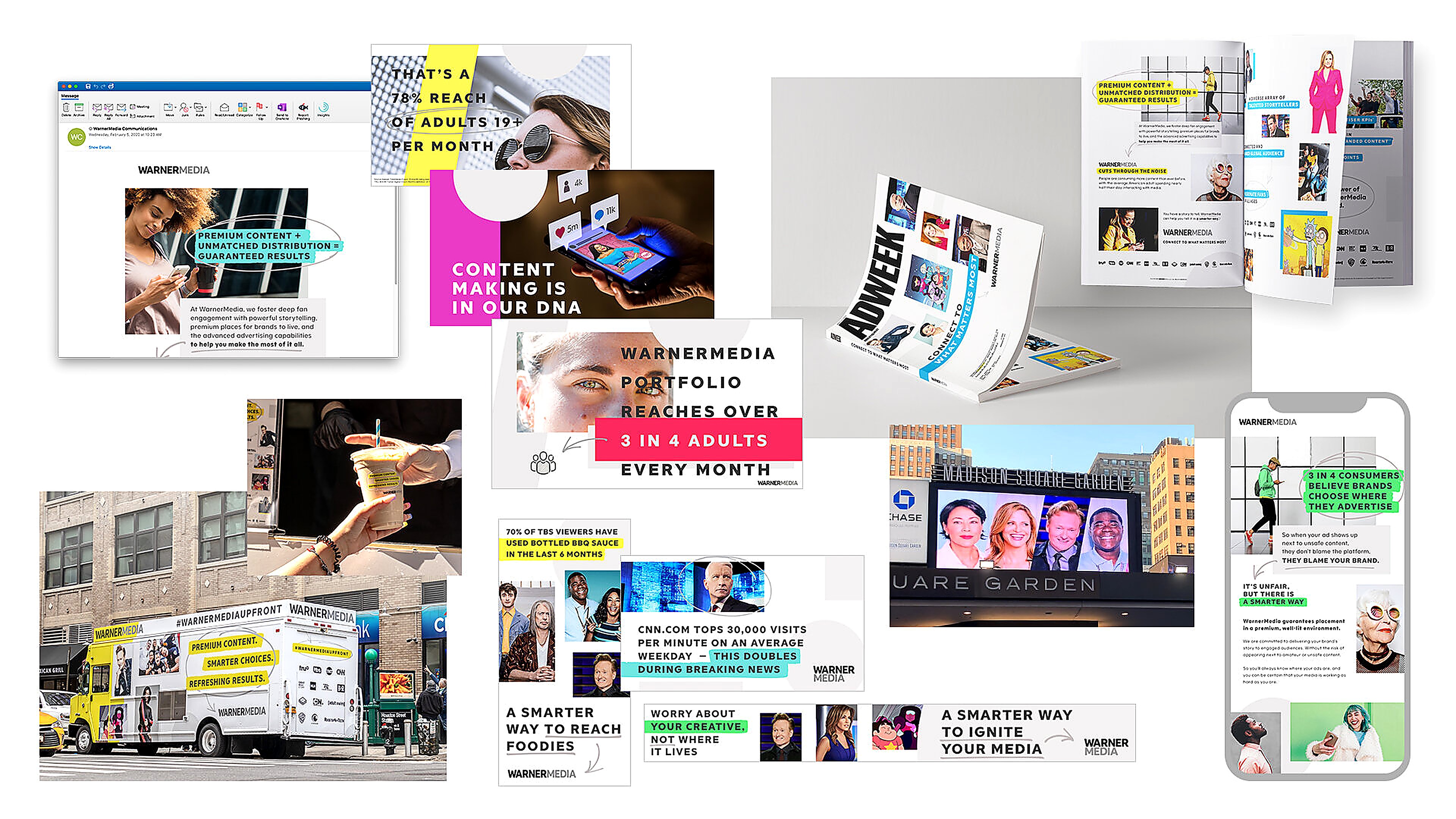 WarnerMedia launch work: an email, stat-led social ads, an Adweek magazine spread, the Madison Square Garden marquee, a mobile ad, and the #WarnerMediaUpfront smoothie truck on a Manhattan street