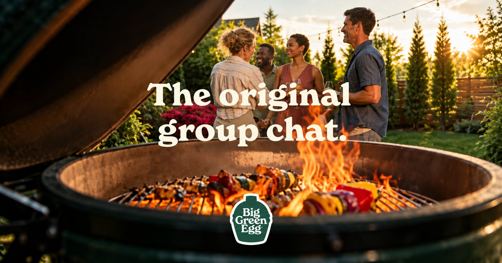 Social post: friends gathered around a fiery Big Green Egg. The original group chat.