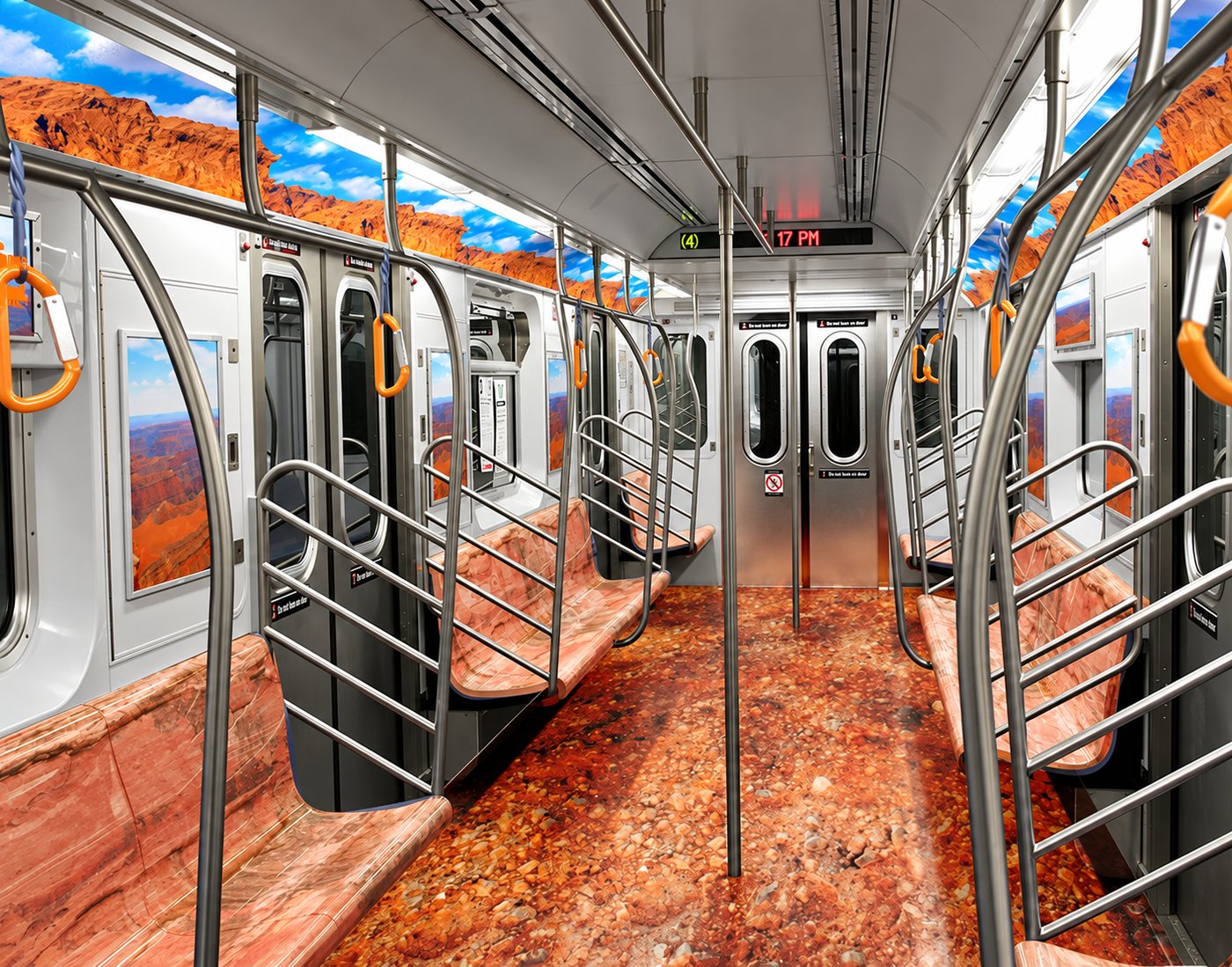 Subway car wrapped as a desert canyon: red-rock floor and seats, canyon cliffs overhead, and carabiners as hand straps