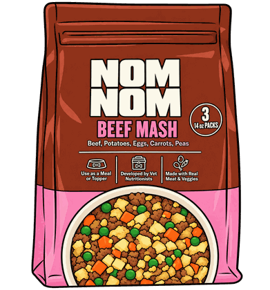 Illustrated bag of Nom Nom Beef Mash dog food