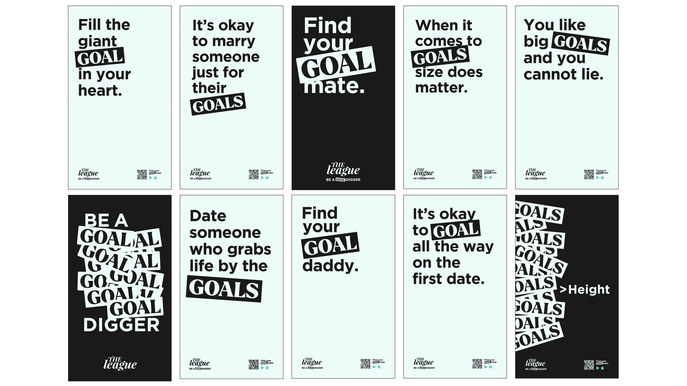 Ten Be a Goal Digger posters, including Find your goal mate and Fill the giant goal in your heart