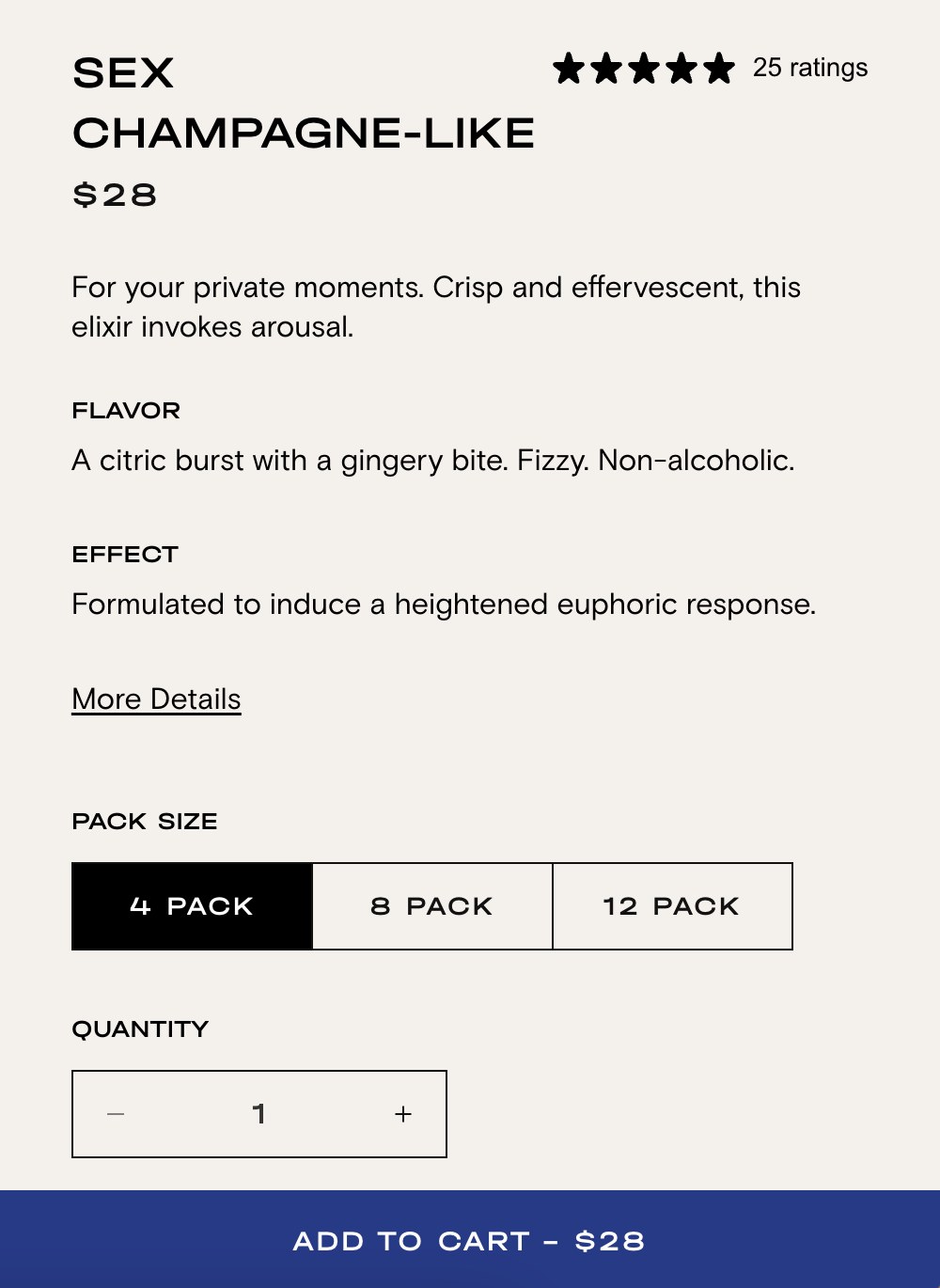 Product page copy for Sex: For your private moments. Crisp and effervescent, this elixir invokes arousal.