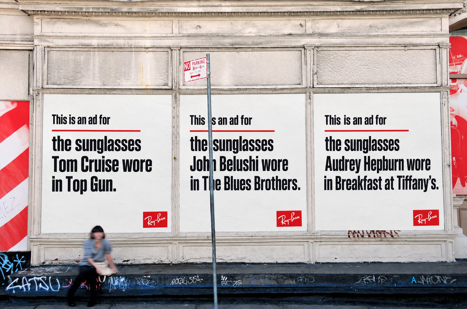 Three Ray-Ban posters on a New York wall: This is an ad for the sunglasses Tom Cruise wore in Top Gun; John Belushi wore in The Blues Brothers; Audrey Hepburn wore in Breakfast at Tiffany’s.