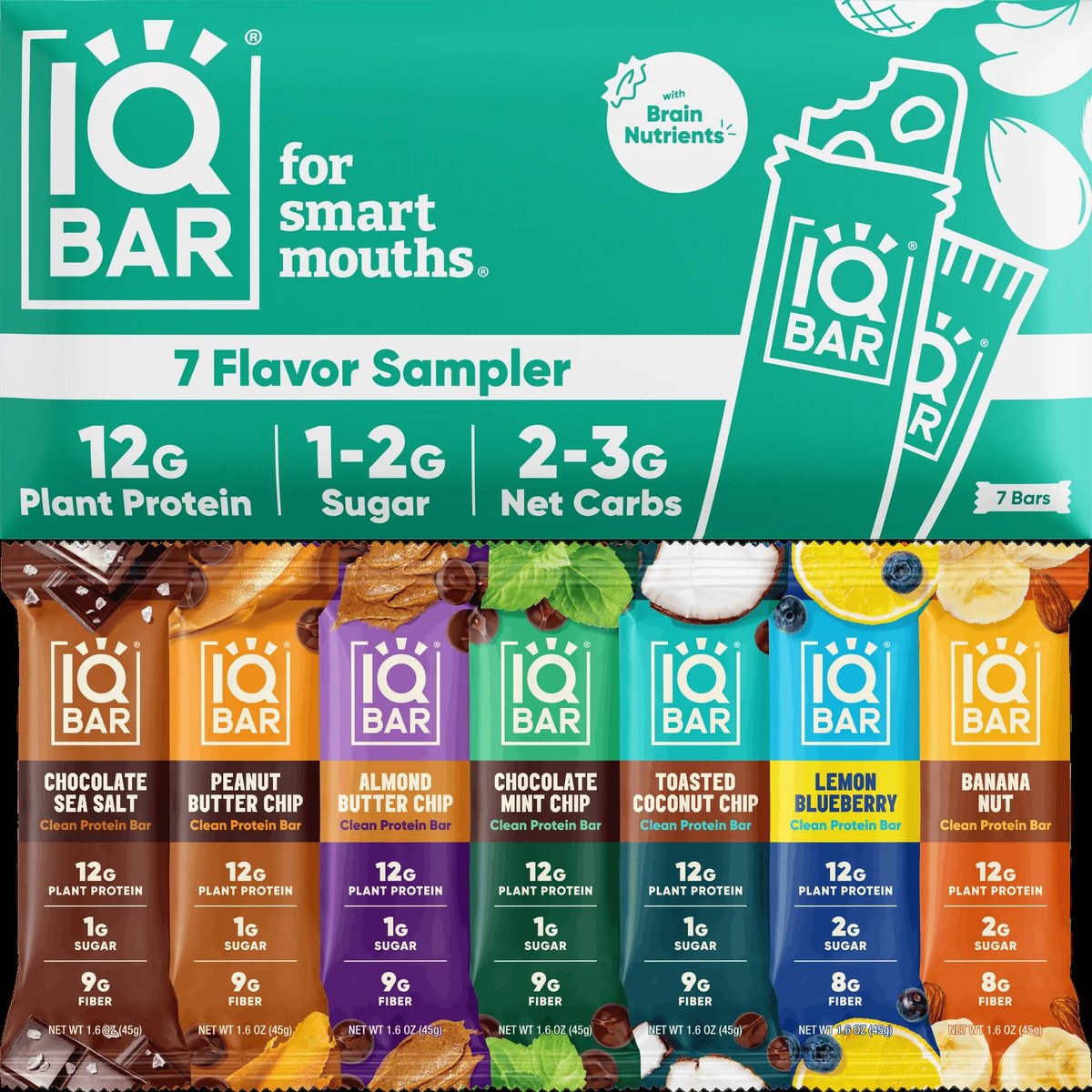 IQBAR 7 Flavor Sampler pack: For smart mouths, with seven bars lined up below