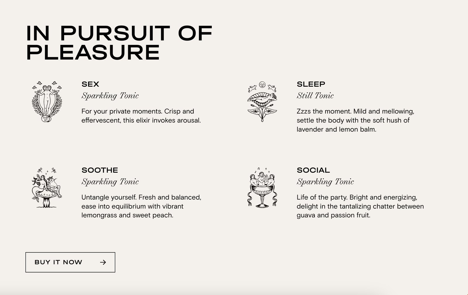 Website product section: In pursuit of pleasure, with Sex, Sleep, Soothe and Social