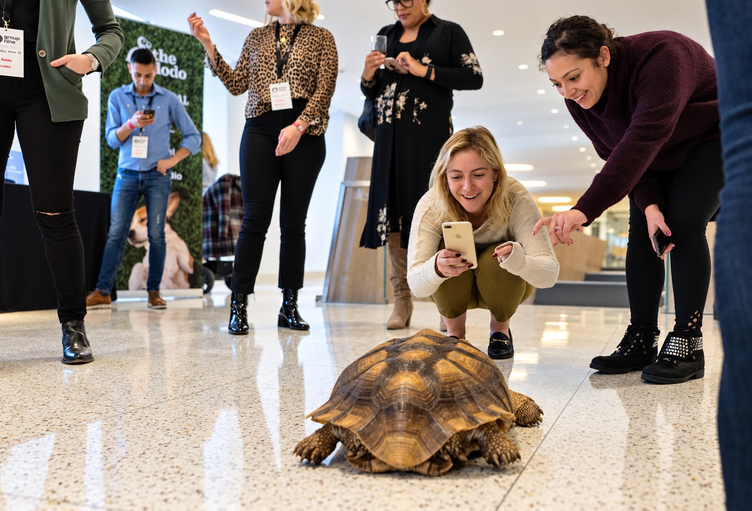 Guests at a Group Nine event crouching to photograph a tortoise in front of a The Dodo backdrop