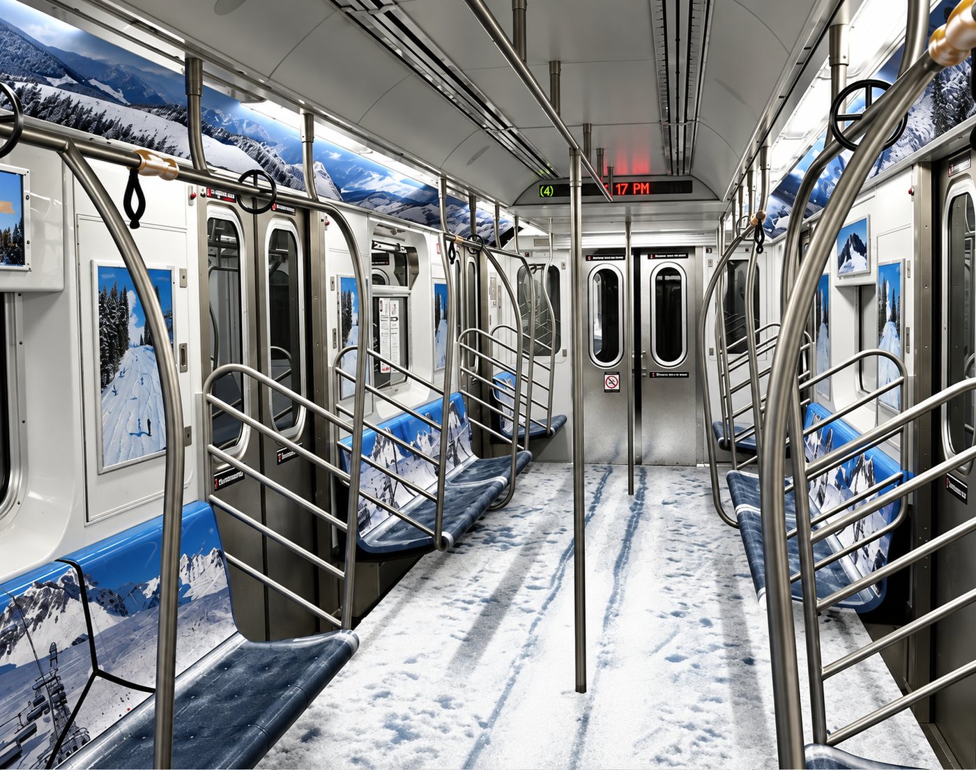 Subway car wrapped as a ski slope: snowy floor with ski tracks, mountain panels, and chairlift-style seats