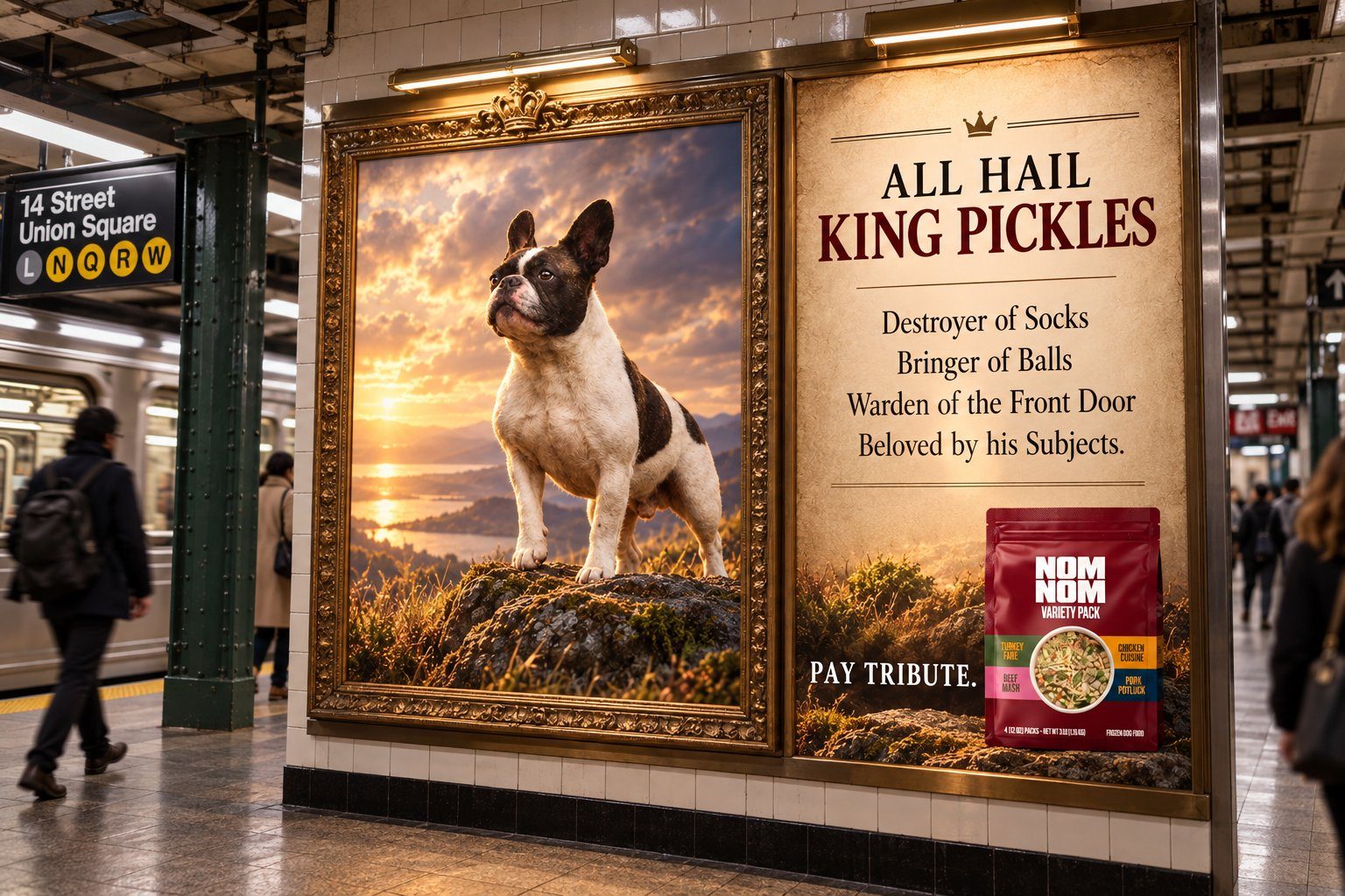 Nom Nom subway poster at 14 Street–Union Square: King Pickles in an ornate gold frame beside his royal proclamation