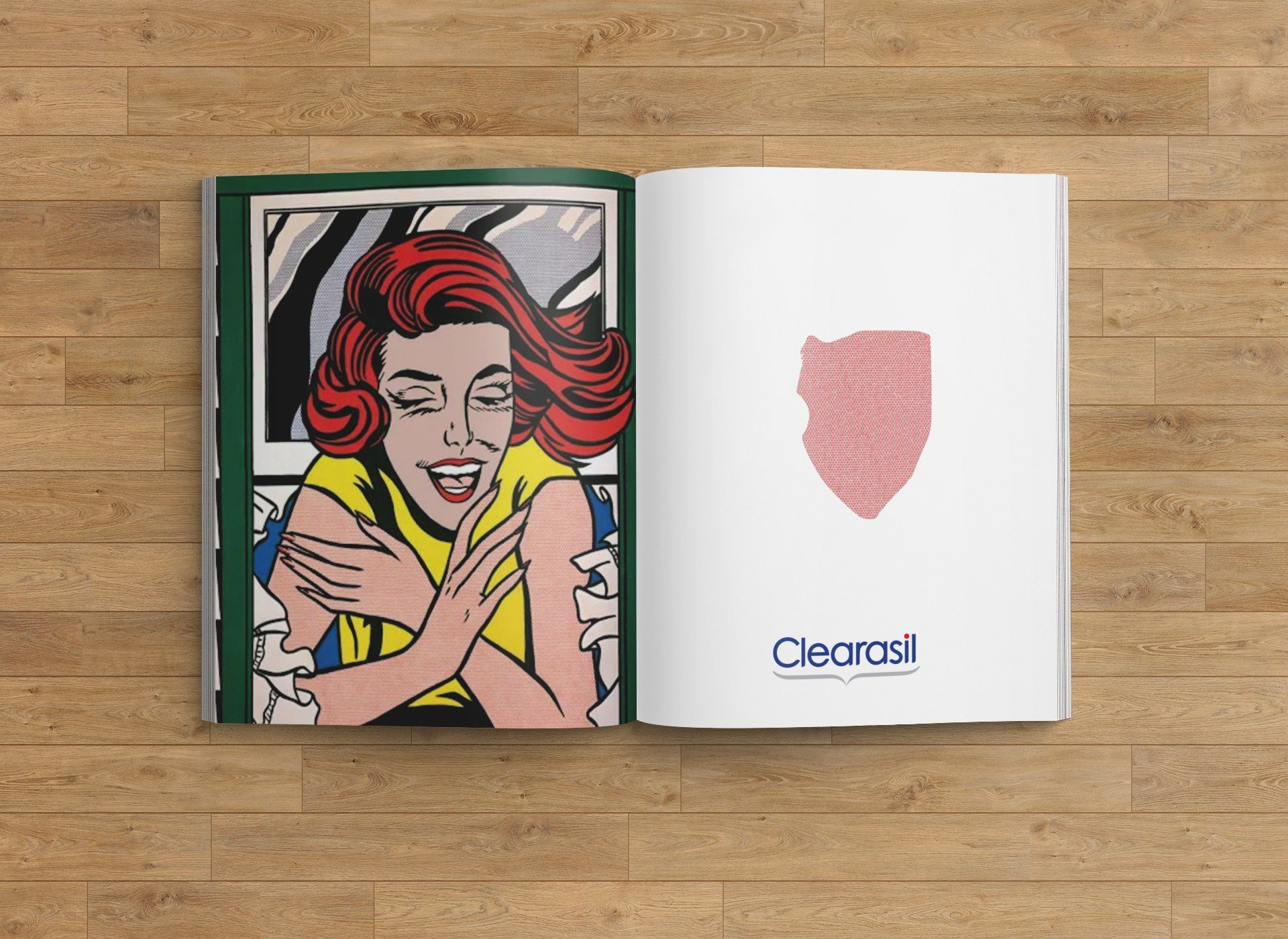 Clearasil magazine spread: a Lichtenstein-style redhead hugging herself, skin cleared of dots, with the removed dots and the Clearasil logo on the facing page