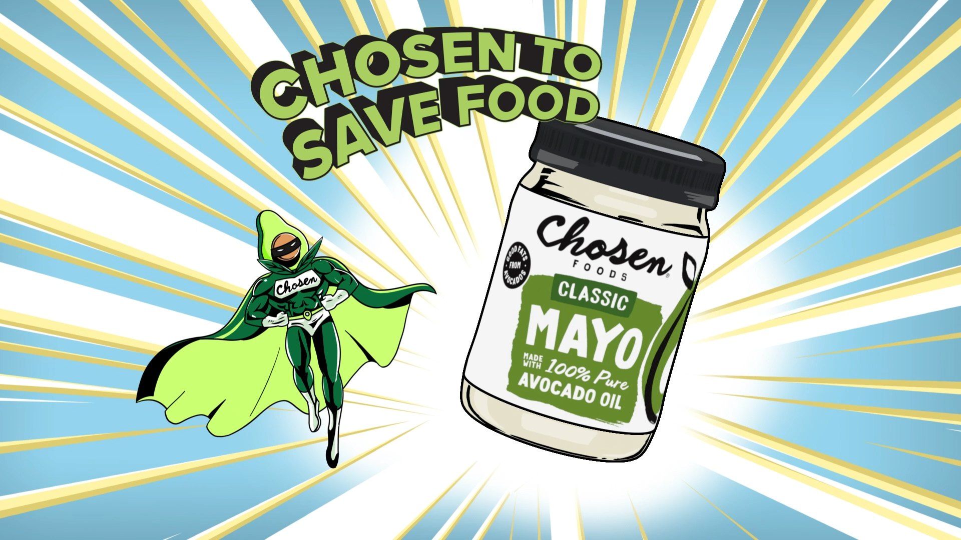 Chosen to Save Food key art: an avocado superhero in a green cape flies beside a jar of Chosen Classic Mayo