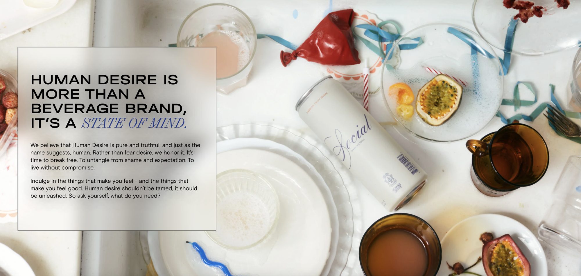 Website philosophy section: Human Desire is more than a beverage brand, it’s a state of mind.