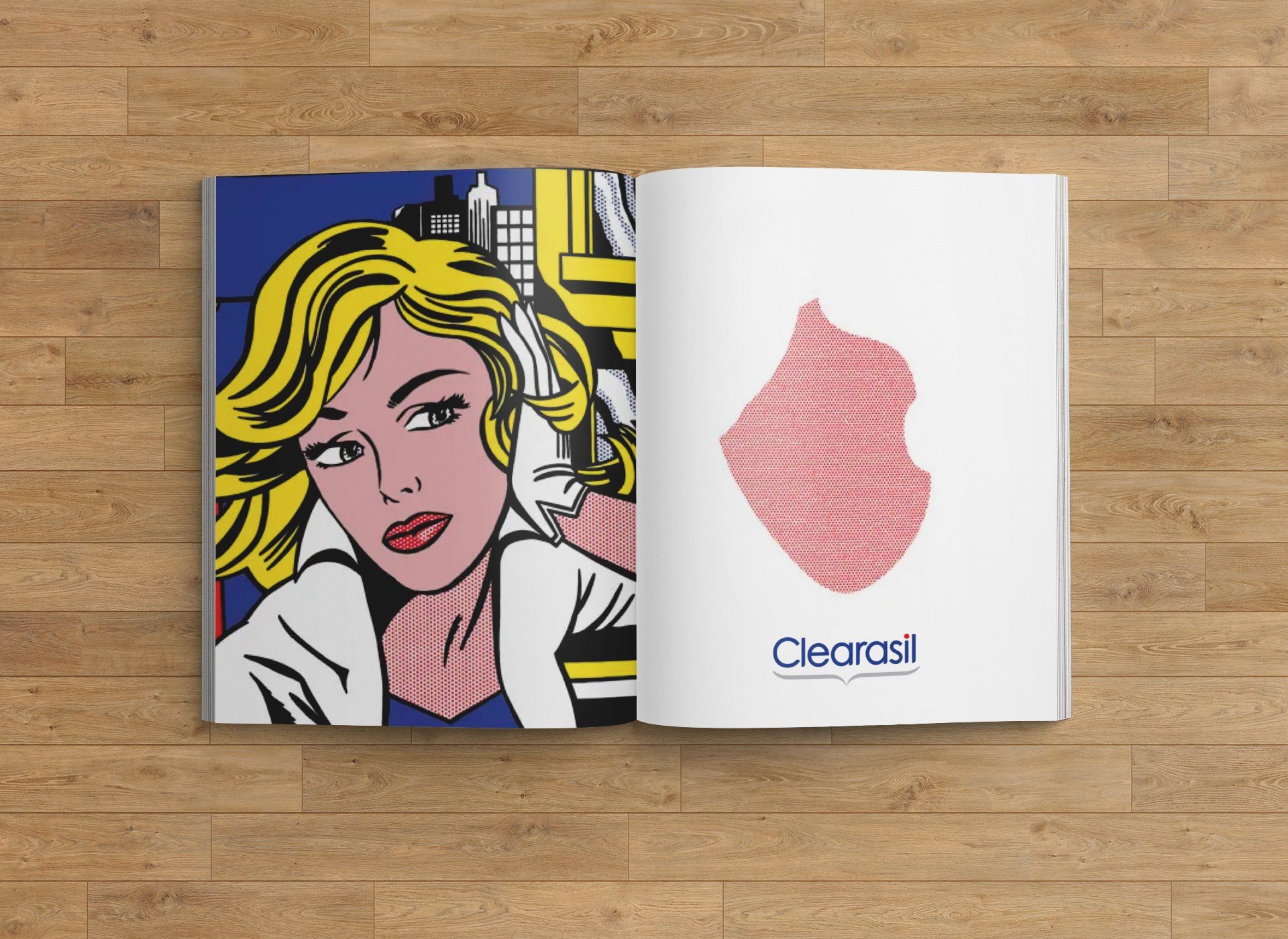 Clearasil magazine spread: a Lichtenstein-style blonde glancing sideways with a clear face, and the patch of dots removed from her cheek on the facing page above the Clearasil logo