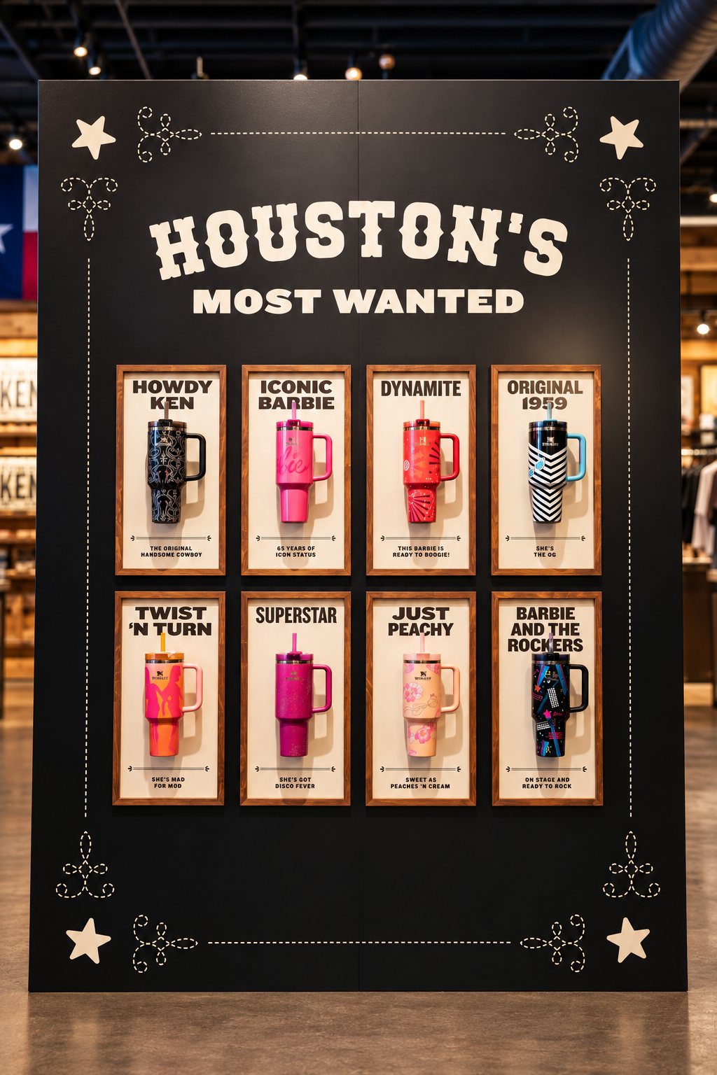 Houston’s Most Wanted wall at the Legends Saloon, showing eight framed Barbie x Stanley Quenchers
