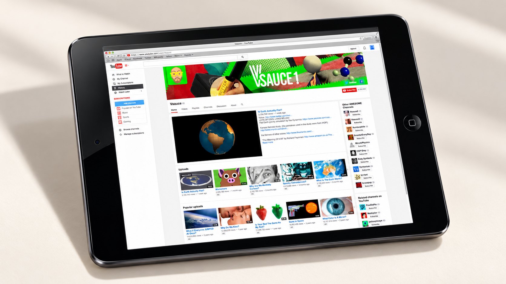 Rebranded Vsauce1 YouTube channel page on a tablet