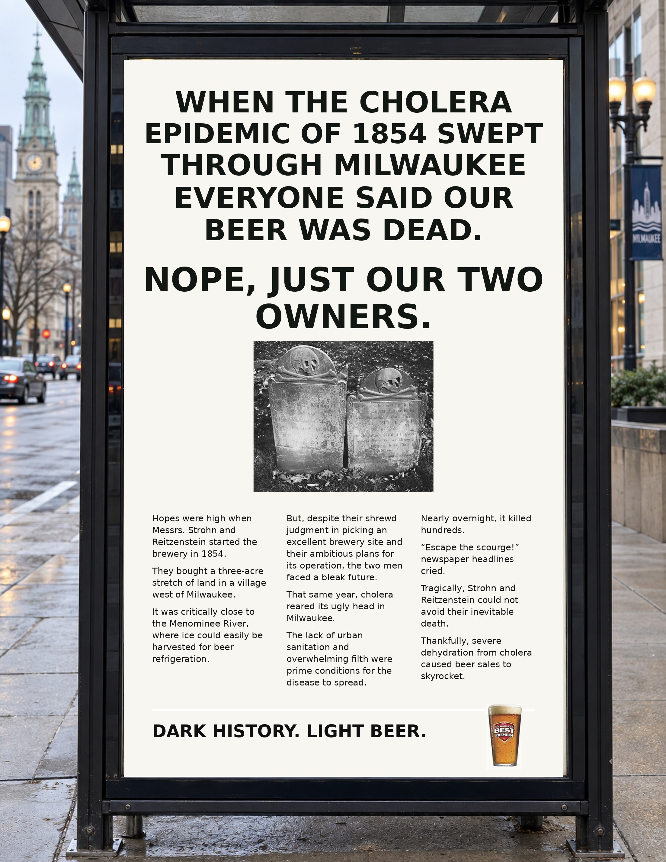Milwaukee’s Best bus shelter ad: When the cholera epidemic of 1854 swept through Milwaukee, everyone said our beer was dead. Nope, just our two owners.