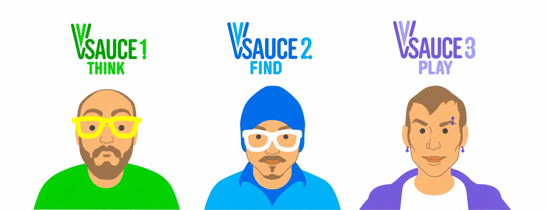 Vsauce1 Think, Vsauce2 Find, and Vsauce3 Play wordmarks above illustrated avatars of each host