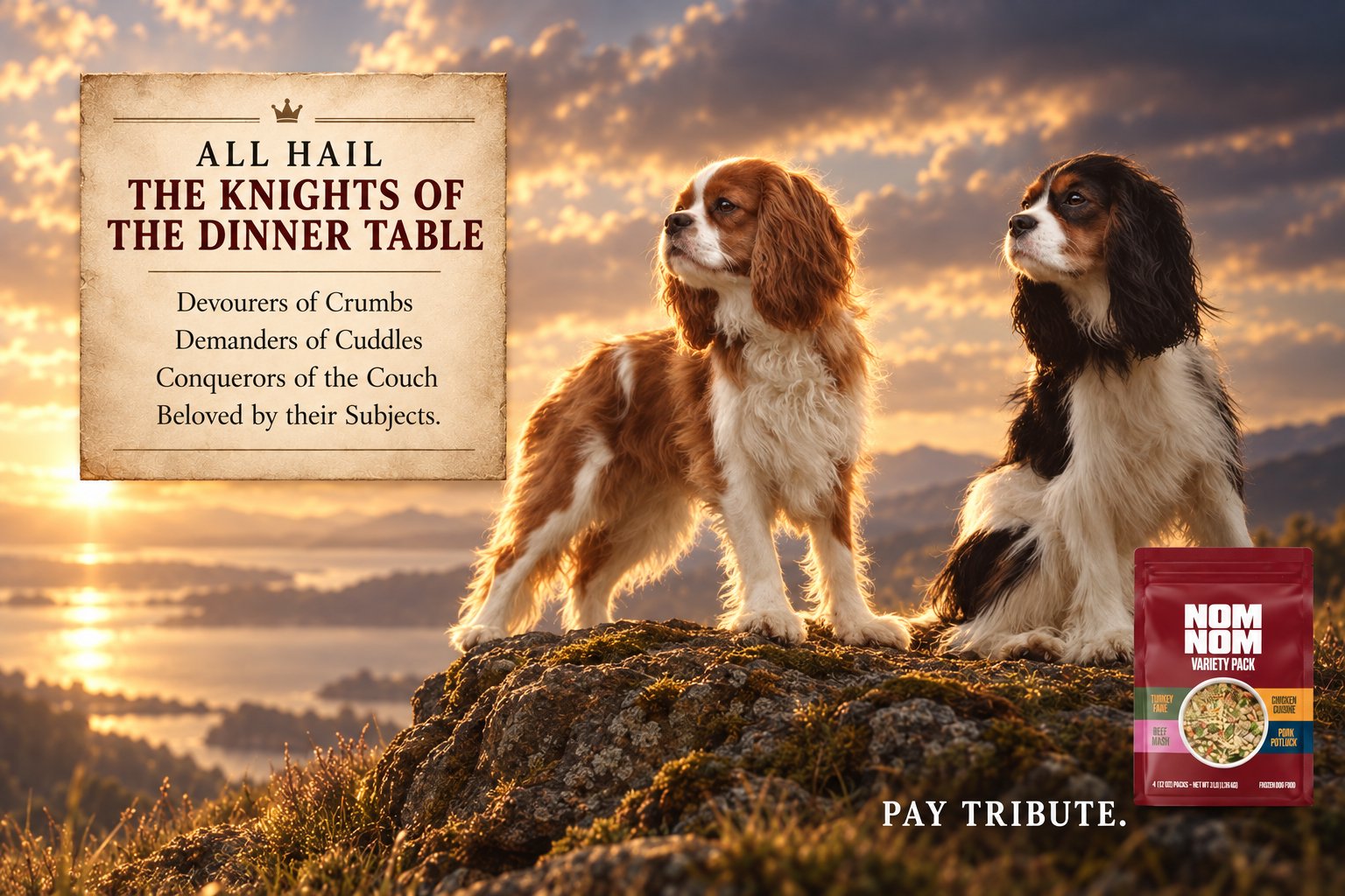 Nom Nom print ad: two spaniels on a hilltop. All hail the Knights of the Dinner Table, Devourers of Crumbs, Demanders of Cuddles, Conquerors of the Couch, Beloved by their Subjects. Pay tribute.