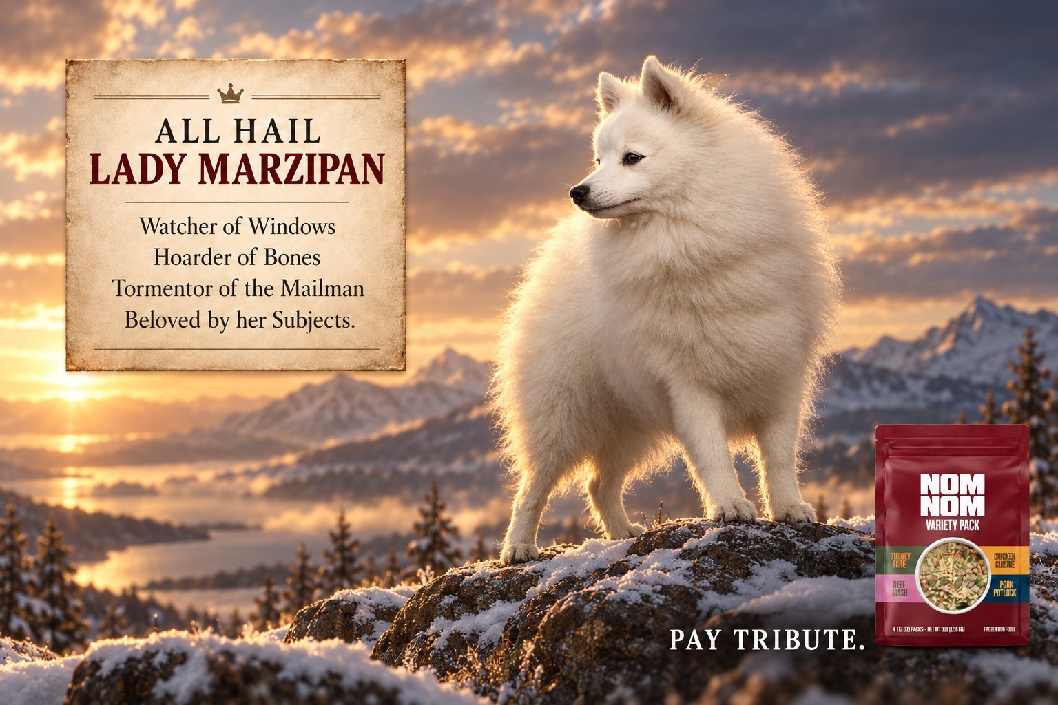 Nom Nom print ad: a fluffy white dog on a snowy peak. All hail Lady Marzipan, Watcher of Windows, Hoarder of Bones, Tormentor of the Mailman, Beloved by her Subjects. Pay tribute.