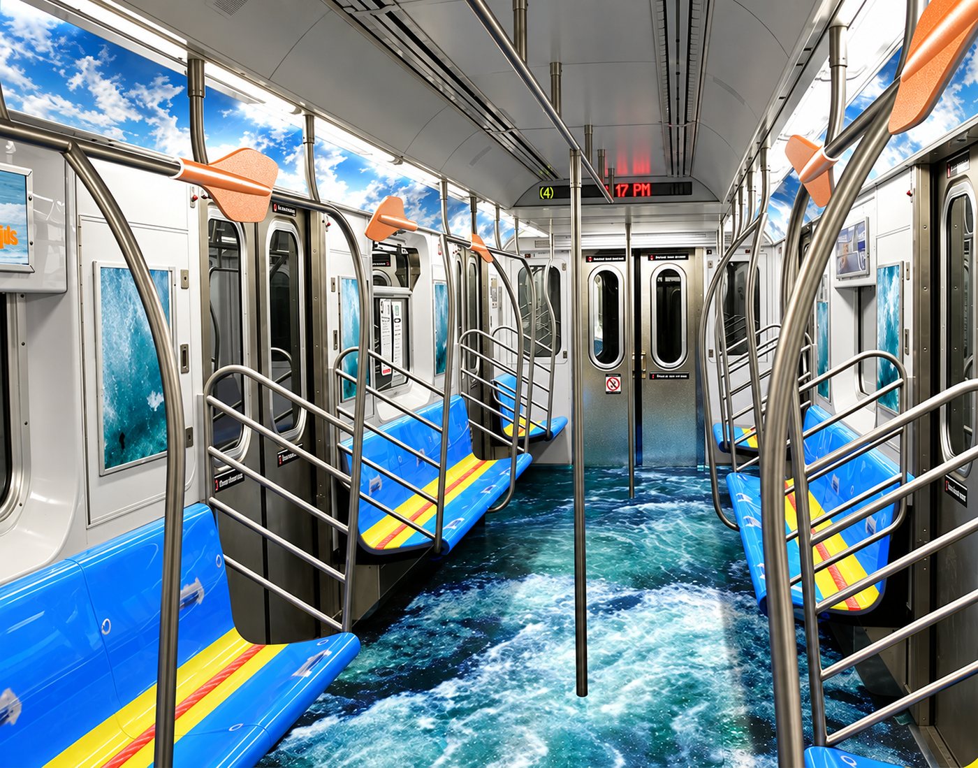Subway car wrapped as whitewater rapids: river-water floor, sky ceiling panels, blue seats striped like rafts, and paddles on the grab bars